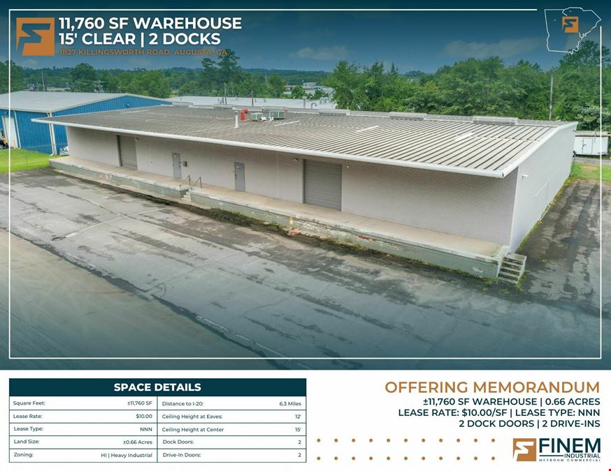 11,760 SF Warehouse | 15' Clear | 2 Docks