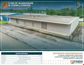 11,760 SF Warehouse | 15' Clear | 2 Docks